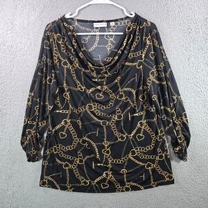 Susan Graver Black Gold Chain Heart Print Cowl Neck Long Sleeve Top Women's M